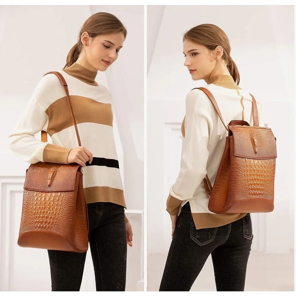 COOLCY Women Real Leather Backpack‎ Shoulder Bag Sorrel Brown